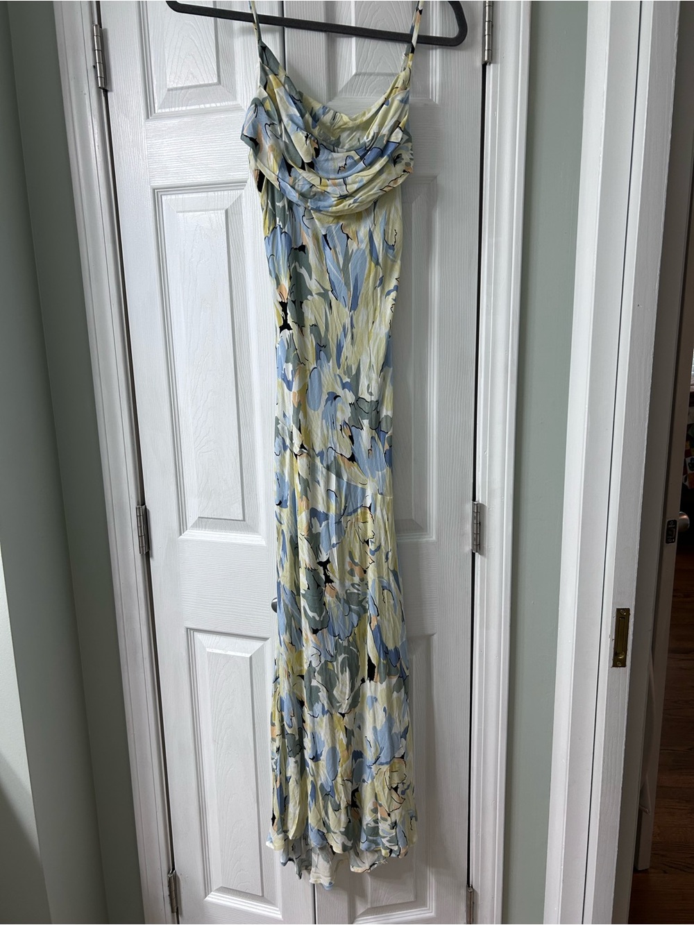 Cowl-Neck Floral Maxi Dress in Blue and Cream